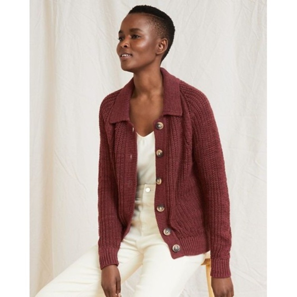 Garnet Hill Maren Linen Chunky Knit Button-Front Cardigan in Deep Burgundy